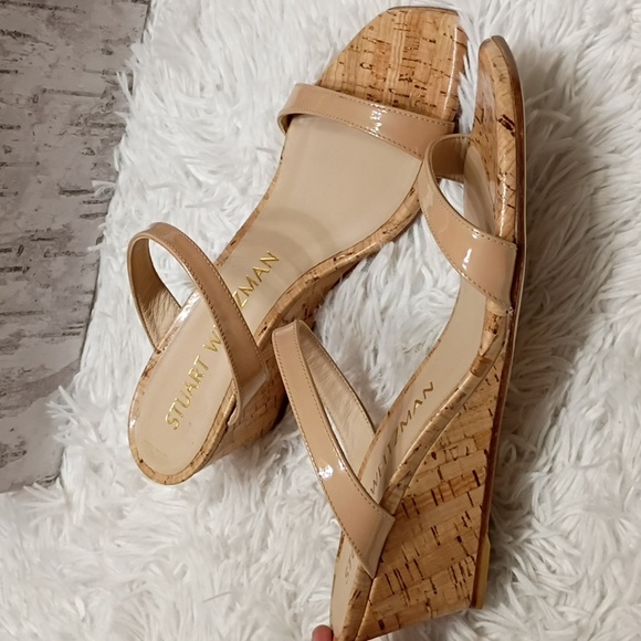 New Stuart Weitzman Aleena Nude Cork Wedge Square Toe Side Slip On Sandals 8B - Picture 9 of 16